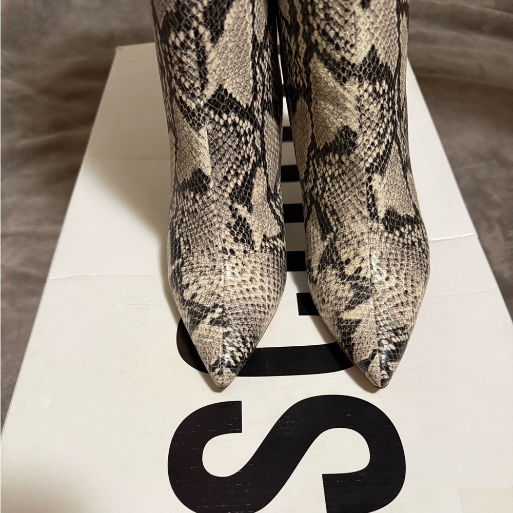 SCHUTZ Snakeskin Heeled Boots - Black and Cream - Picture 2 of 5